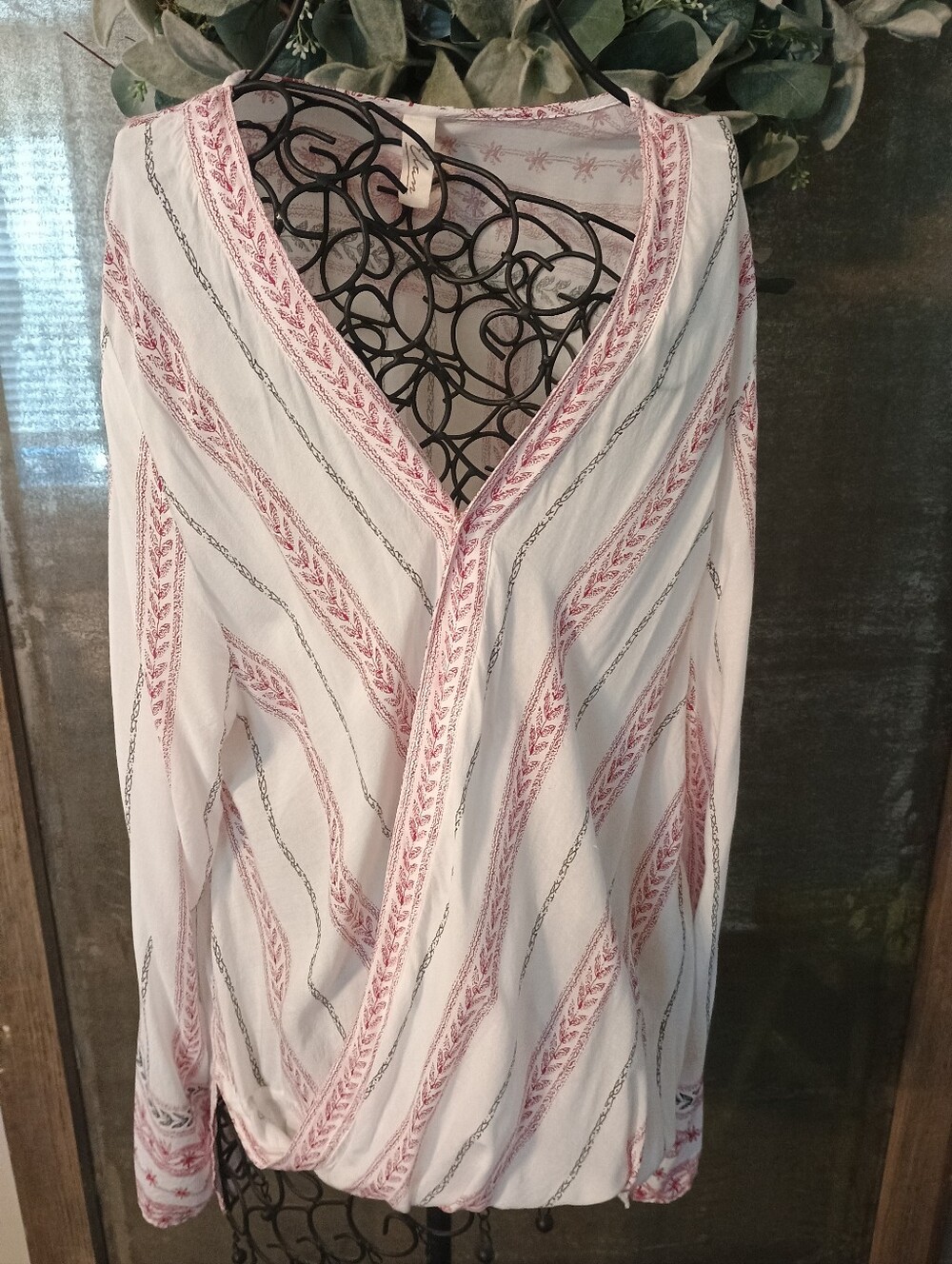 Women’s White V-Neck Wrap Top with Pink Stripe Detail